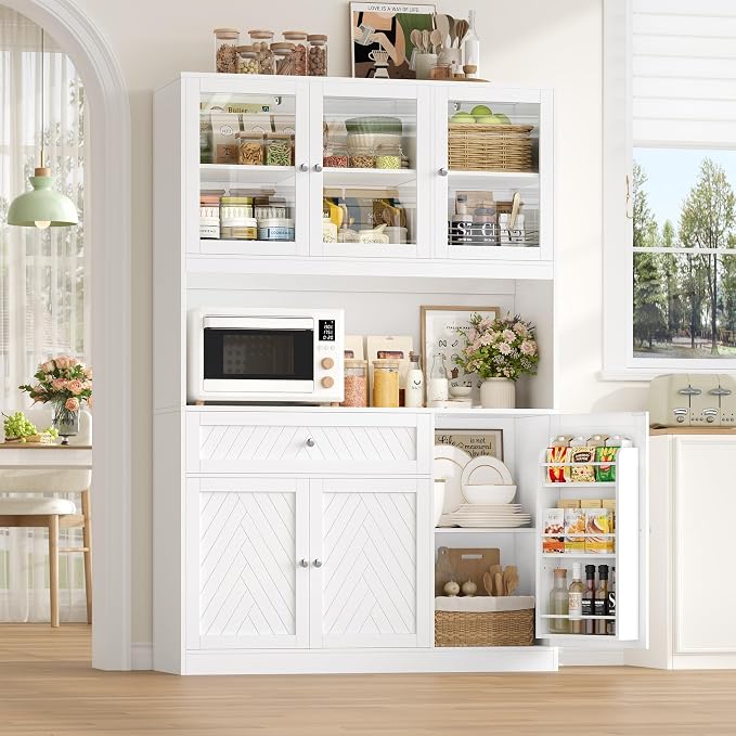 BOTLOG 72” Tall Kitchen Pantry Storage Cabinet with Painted Strip Door | Modern White Kitchen Hutch with Large Storage Drawer, Countertop, Adjustable Shelves for Dining Room, Living Room