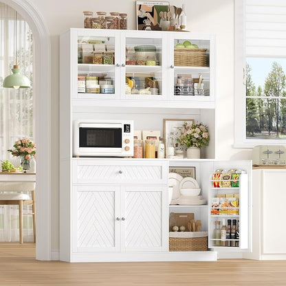 BOTLOG 72” Tall Kitchen Pantry Storage Cabinet with Painted Strip Door | Modern White Kitchen Hutch with Large Storage Drawer, Countertop, Adjustable Shelves for Dining Room, Living Room