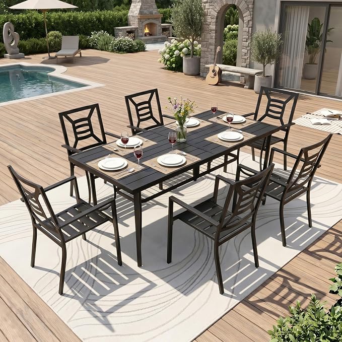 Outdoor Patio Dining Sets 7 Pieces Large 77" Rectangular Metal Dining Table