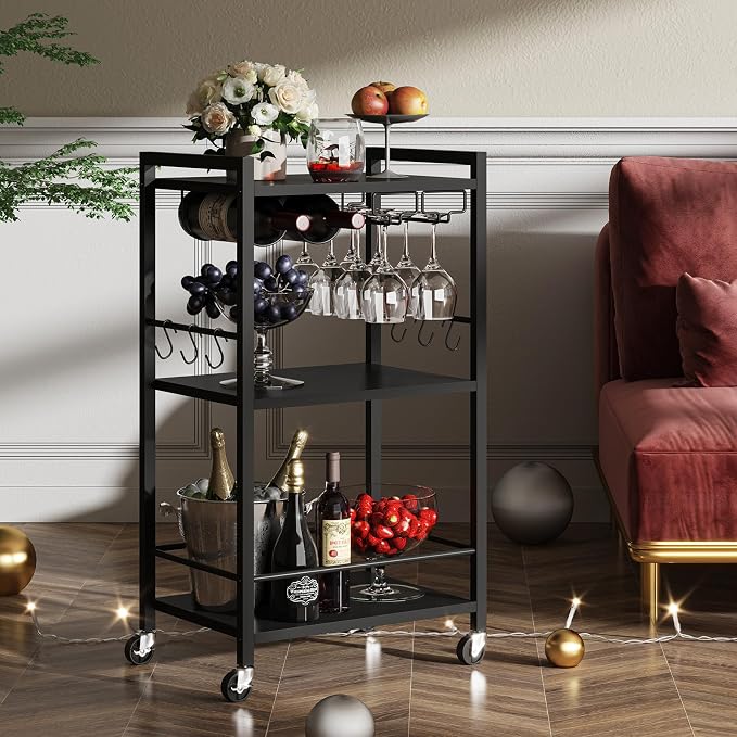 TUTOTAK Bar Cart with Wheels, Mini Drink Cart with Wine Rack & Glass Holder | 3-Tier 17 Inch Wide Home Bar Serving Carts, Small Mobile Kitchen Shelf with 6 Hooks, Black V1BC01BK035