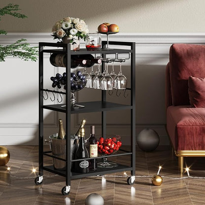 TUTOTAK Bar Cart with Wheels, Mini Drink Cart with Wine Rack & Glass Holder | 3-Tier 17 Inch Wide Home Bar Serving Carts, Small Mobile Kitchen Shelf with 6 Hooks, Black V1BC01BK035