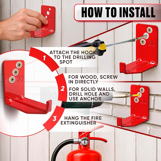 Fire Extinguisher Mount Brackets Set of 4, Heavy Duty Wall Mount Hook 2.36 x 1.57 x 2.36 in, Screws Anchors and Gaskets, Quick Install Holder, Supports up to 20 lb for Garage Workshop Home Cabinet Use