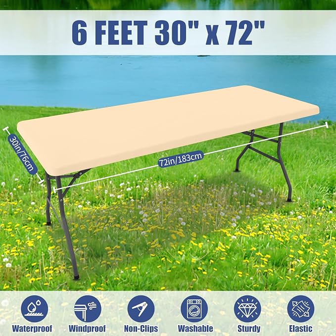 Moosfor 2 Pack Rectangle Spandex Fitted Table Cloth, 6FT Elastic Tablecloth | Washable Picnic Table Cover, Stretch Waterproof Table cloths for Party, Patio, Dining, Kitchen, 30" x 72", Ivory