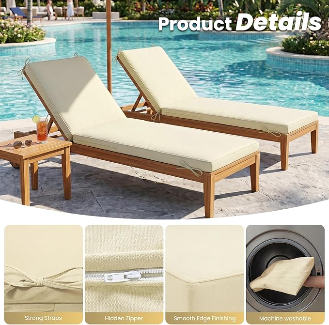 Chaise Lounge Cushions Outdoor Set of 2, Water-resistant and Fade-Resistant Patio Lounge Chair Cushions, Furniture Replacement Cushions Ideal for Pools, Gardens, Balconies, 72" x 21" x 3",Khaki Beige