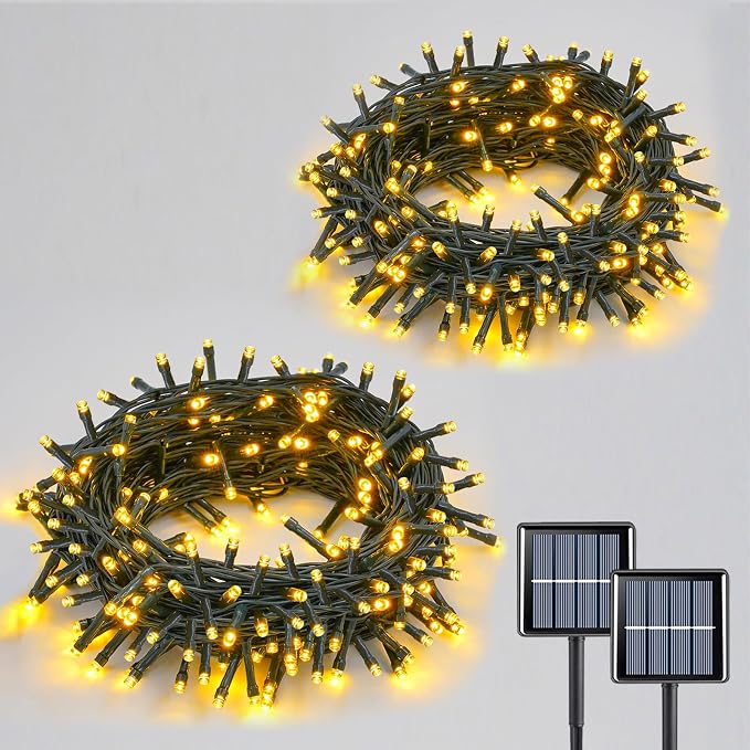 YEGUO Solar String Lights Outdoor Waterproof, 2 Packs Each 33ft 100 LED Warm White Lights, 8 Modes Twinkle Light for Christmas Tree Outside Garden Yard Xmas Decor