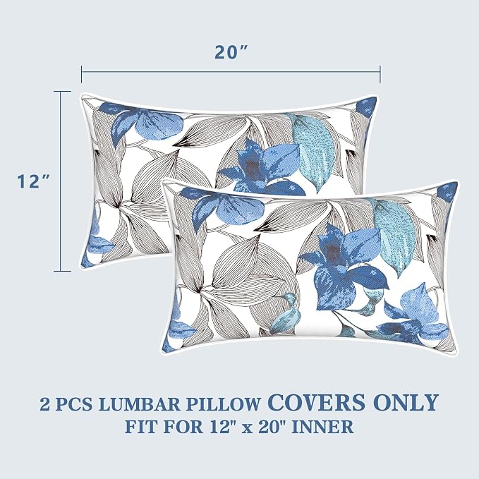 LVTXIII 2 Pack Outdoor Lumbar Pillow Covers 12x20 Inch with Piping, Water-Repellent Back Cushion Covers ONLY for Patio Furniture, Sofa, Garden Bench, Clemens Noir Blue