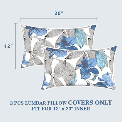 LVTXIII 2 Pack Outdoor Lumbar Pillow Covers 12x20 Inch with Piping, Water-Repellent Back Cushion Covers ONLY for Patio Furniture, Sofa, Garden Bench, Clemens Noir Blue