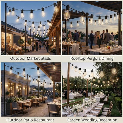 50FT LED Outdoor String Lights - 27 Shatterproof ST38 Edison Bulbs - Waterproof Patio Decor for Outside - Dimmable Bistro Cafe Hanging Lights