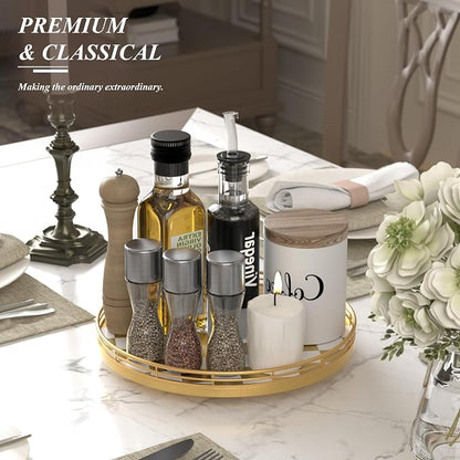 AMH 12-Inch Gold and White Checkerboard Lazy Susan with Metal Rail | Smooth rotating oak tray with walnut finish for dining tables, kitchen counters, pantries and cabinet storage.
