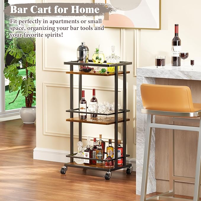 OKZEST 3-Tier Bar Cart for Home, Mini Rolling Liquor Cabinet & Serving Cart | Small alcohol coffee bar cart for party, Holds wine, liquor, beverage, glassware, shaker, coffee supplies, Rustic farmhouse