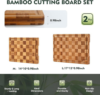 Extra Large Bamboo Cutting Boards, 2-Pack Heavy Duty Bamboo Cutting Boards Set with Juice Grooves & Non-Slip Feet –Checkered Extra Large Thick Wood Chopping Board for Meat, Fruits, Non-Toxic & Durable