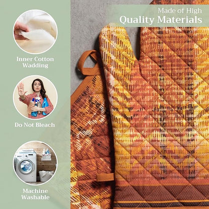Maison d' Hermine 100% Cotton Oven Mitt & Pot Holder Set (7.5"x13" & 8"x8") Heat Resistant BBQ Cooking Gloves with Loop for Thanksgiving Christmas Decorations Handling Hot Pans (Thanksgiving Tartan)