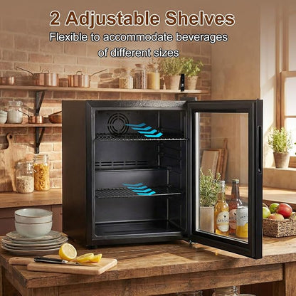 FoMup Mini Fridge 50 Can, Small Beverage Refrigerator with Reversible Glass Door, Countertop Drink Cooler with Temperature Control, Compact Beer Soda Fridge for Office Dorm Kitchen, Black