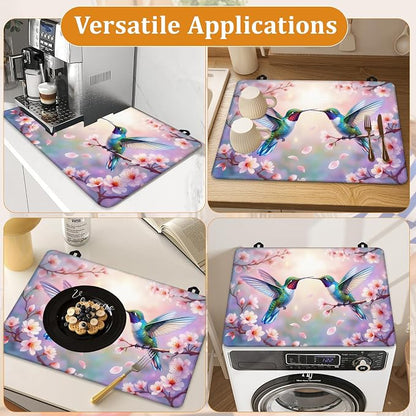 Spring Hummingbird Glass Top Stove Cover Protector,Pink Peach Flower Stove Top Covers for Electric Stove,Washable Heat Resistant Cooktop Mat Anti-Slip Range Covers, 28 x 20 Inch