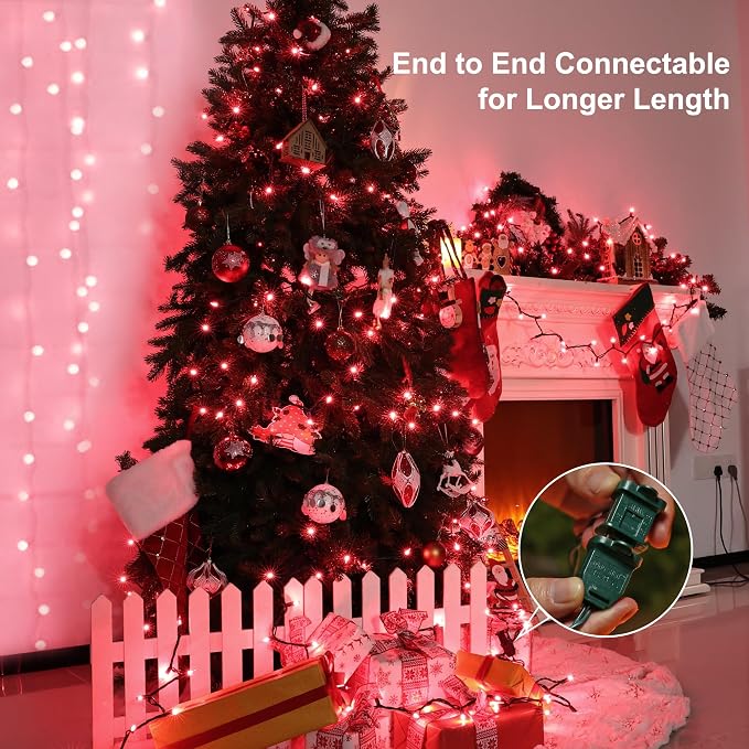BrizLabs Pink Christmas Lights, 69.6ft 300 Count Incandescent String Lights | Connectable; UL Certified; Outdoor Mini Lights Set Xmas Light String for Indoor Outside Holiday Tree Valentine's Day Party
