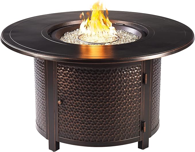 Oakland Living Aluminum 44 in. Round Fire Table Set Four Deep Seating Swivel Rockers, Fire Beads, Lid and Fabric Covers