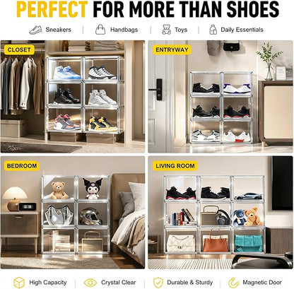 12 Pack Clear High-Top Sneaker Storage Boxes, Acrylic Shoe Organizer | Extra height 10.6'' for high-top sneakers & athletic footwear Size 11.Stackable display design keeps collections organized