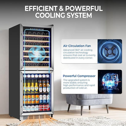 24 Inch Wide Wine and Beverage Cooler, 2 IN 1 Beverage Refrigerator with Glass Door, Dual Zone Wine Fridge Built-In/Freestanding, Beverage Wine Fridge for Home/Bar, 77 Bottle & 180 Can, Silver