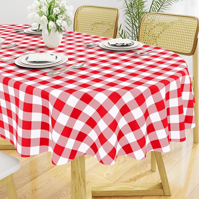 Smiry Oval Table Cloth, Vinyl Tablecloths with Flannel Backing, 60"x84" | Waterproof Picnic Table Cloth, Wipeable Buffalo Plaid Table Cover for Indoor and Outdoor (Red & White)