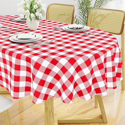 Smiry Oval Table Cloth, Vinyl Tablecloths with Flannel Backing, 60"x102" | Waterproof Picnic Table Cloth, Wipeable Buffalo Plaid Table Cover for Indoor and Outdoor (Red & White)