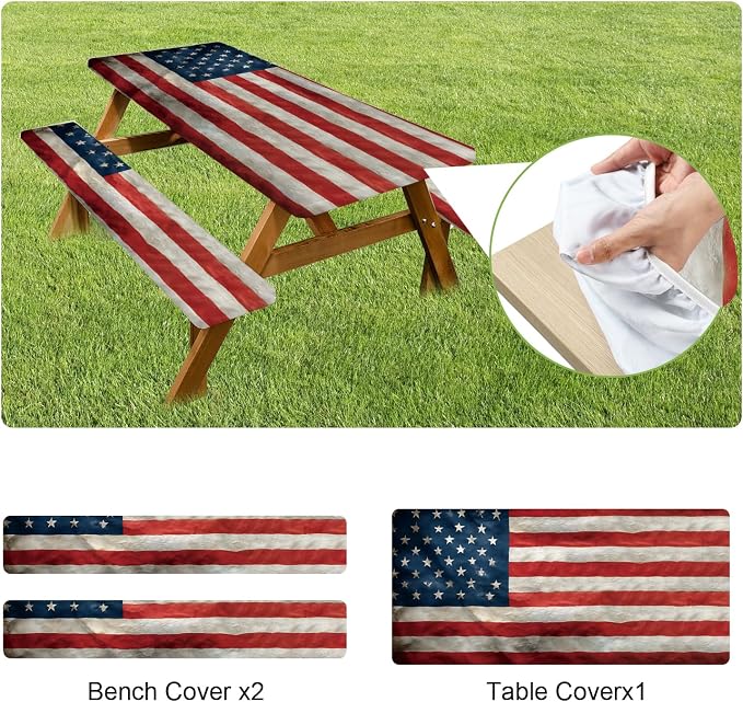 ANNA QUEEN Patriotic American Flag 6FT Picnic Table Cover with Bench Covers Set of 3 with Drawstring Bag, USA Flag 72"x30" Waterproof Picnic Tablecloth & Bench Covers for Outdoor BBQ