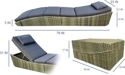 Foldable Outdoor Chaise Pool Lounge Chair Folding Wicker Rattan Sun Bed Patio Couch Reclining Lounger Adjustable Padded Backrest Pillow Assembled - Grey