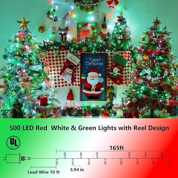 YEGUO 165ft 500 LED String Lights Outdoor Waterproof, Clear Wire Christmas Lights Indoor Plug in, 8 Modes Fairy Light for Bedroom Classroom Party Tree Decor(Red White and Green)