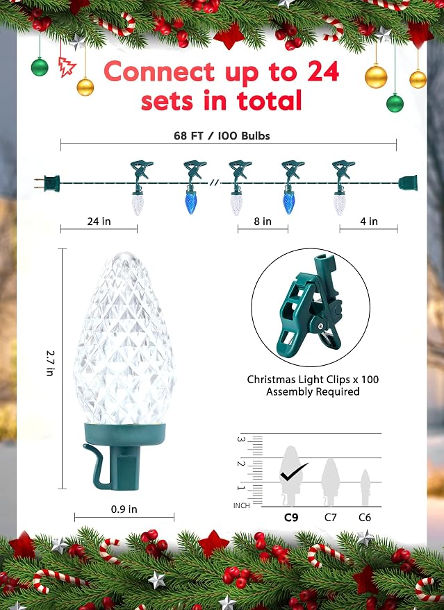 C9 LED Christmas Lights Outdoor, 68 Feet 100 LED C9 String Light with 100 Spring Clips, Waterproof Connectable Christmas Tree Lights for Outside Roofline Patio Home Xmas Decor, Blue & Pure White