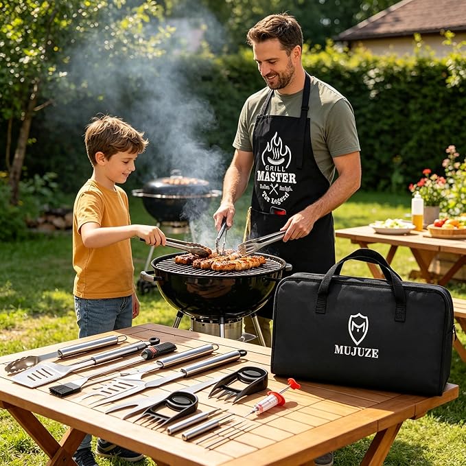 MUJUZE BBQ Grill Accessories Set,Grill Accessories Gifts for Fathers Day,BBQ Grill Sets for Men,31PCS Grilling Gifts for Men,Grilling Accessories with Apron for Dad,Barbecue Tool Sets