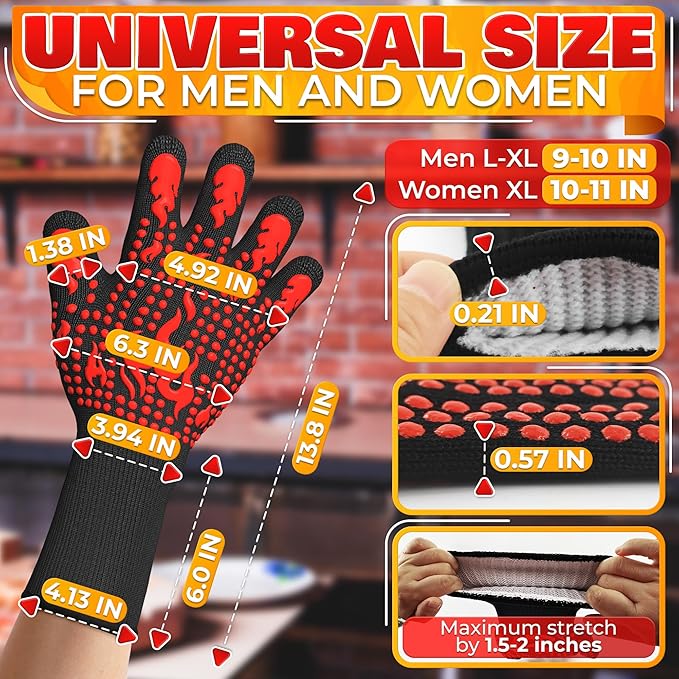 Aramid Heat Gloves for Grilling - Heat Resistant Gloves for Cooking, Men L–XL (9–10″), Women XL (10–11″), Withstands 1472°F (6 Sec), Grill Mitts with Dual-Layer Protection - for Indoor & Outdoor Use