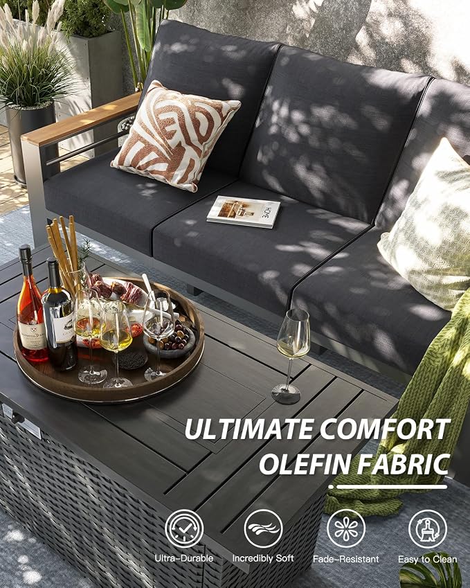 Aoxun Patio Furniture Set, 2 Piece Aluminum Patio Sets with 5" Thicken & Washable Cushion, Waterproof Outdoor Furniture with Coffee Table, Outdoor Couch Sectional for Backyard, Porch and Garden