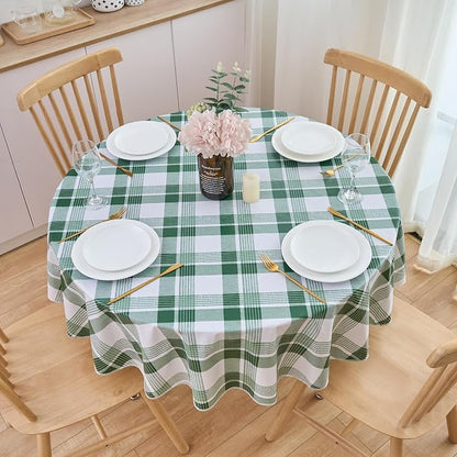 NLMUVW Round Vinyl Tablecloth with Flannel Backing 60 Inch, 100% Waterproof PVC Table Cloth Wipe Clean Table Cover for Dining Party Camping Outdoor, Green Check