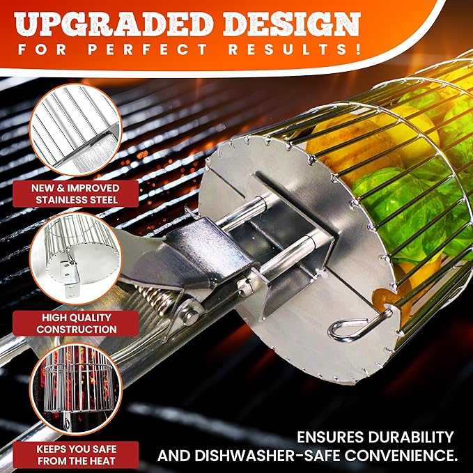 ORIGINAL Rolling Grill Basket Set of 2 w/Detachable Handle. Stainless Steel construction 2 sizes for Outdoor Camping Tailgating Grilling Vegetables