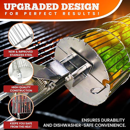 ORIGINAL Rolling Grill Basket Set of 2 w/Detachable Handle. Stainless Steel construction 2 sizes for Outdoor Camping Tailgating Grilling Vegetables