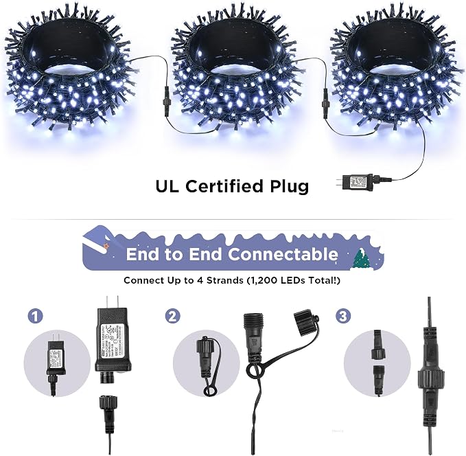 WBao Christmas Lights Indoor Outdoor 300LED 108ft, Super Bright LED Christmas String Lights with UL Certified, 8 Modes, Timer, Connectable & Waterproof for Trees, Patio, Xmas Party Decor, Cool White