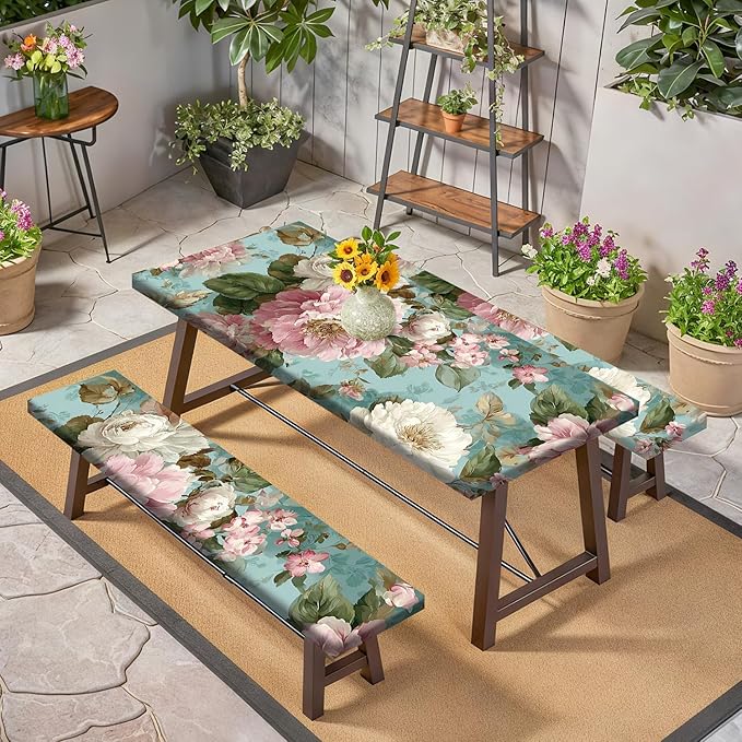 Floral Picnic Tablecloth with Table Cover, Waterproof Elastic Tablecloth for Outdoor Picnic Table, Retro Peony Design, Fits 72in Tables