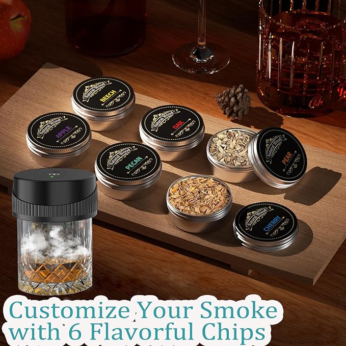 Electric Whiskey Smoker Kit, Electric Cocktail Smoker Kit with 6 Flavors Wood Chips, Rechargeable Cocktail Drink Smoker Kit Built in Lighter, Drinks Smoker Kit for Men, Father, Husband