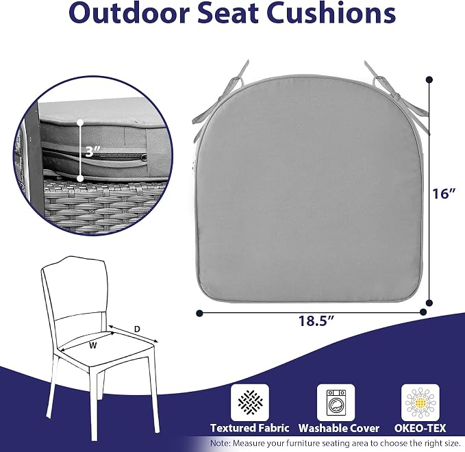 IPYNBAP Outdoor Chair Cushions Set of 4 -Waterproof Outdoor Seat Cushions for Patio Furniture, Patio Chair Cushion with Handle and Ties, Out Door Chair Pads,18.5x16x3-Round, Grey