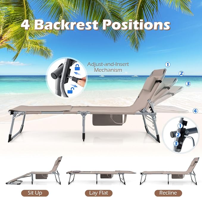 Goplus Tanning Chair with Face Arm Holes, Portable Sunbathing Chair with 4-Level Backrest & Head Pillow, Patio Lay Flat Folding Chaise Lounge with Side Pocket & Shoulder Strap for Poolside, Beach