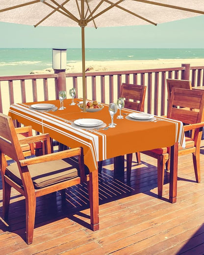 Fall Outdoor Tablecloth with Umbrella Hole, Farmhouse Orange White Stripe Rectangle Tables Zippered Table Cloth Waterproof Tabletop Table Cover Collection for Patio, Garden, Picnic, Camping, Dining