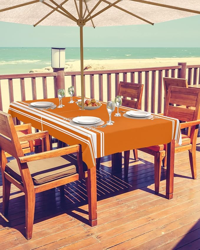 Queenker Fall Outdoor Tablecloth with Umbrella Hole,Farmhouse Orange White Stripe Rectangle Tables Zippered Table Cloth Waterproof Tabletop Cover Collection for Patio,Garden,Picnic,Camping,Dining