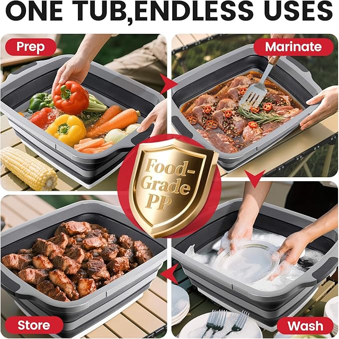 BBQ Prep Tub 3-IN-1 Large 30L Collapsible Cutting Board with Locking Lid for Meal Prep Marinating Food, Camping Sink with Colander, Dish Basin, Storage Blanket for Camping Picnic BBQ, Black