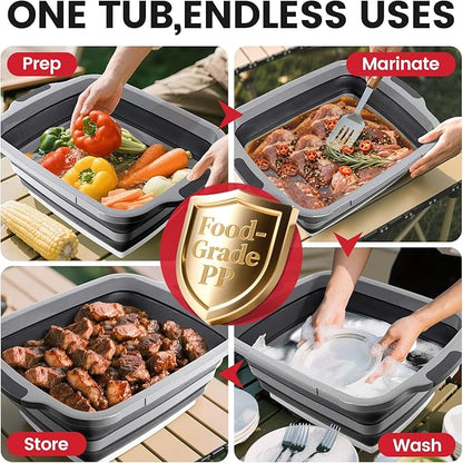 BBQ Prep Tub 3-IN-1 Large 30L Collapsible Cutting Board with Locking Lid for Meal Prep Marinating Food, Camping Sink with Colander, Dish Basin, Storage Blanket for Camping Picnic BBQ, Black