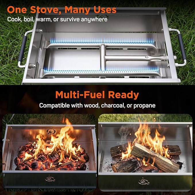 Stainless Steel Portable Tabletop Charcoal Grill, Foldable Camping Grill | Lightweight Mini Gas BBQ Grill & Fire Pit with Griddle Plate & Carry Bag for Camping Tailgating Picnic Travel Backyard Patio
