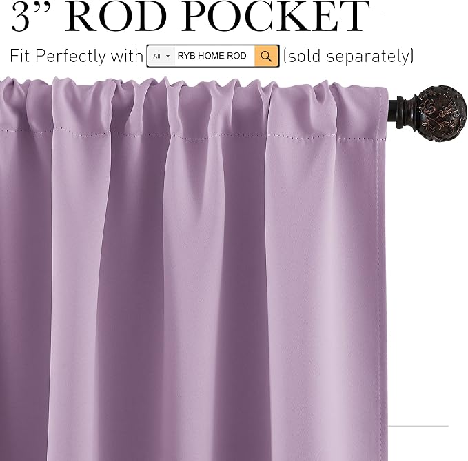 RYB HOME Bedroom Curtains Solid Blackout Panels Rod Pocket Thermal Insulated Window Drapes for Living Room, 42 Width x 63 inch Length 2 Panels Set, Lilac
