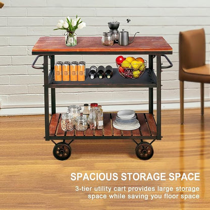 Topower Industrial Bar Cart, Serving Cart with Wheels and Handle, 3-Tier Beverage Metal Cart with Removable Tray and Storage Shelves for Living Room Kitchen, Rustic Copper