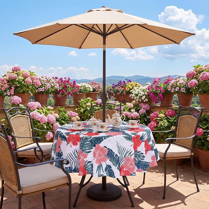 SquarePie Round Outdoor Talecloth with Umbrella Hole and Zipper 60 Inch, Water Resistant SpillProof Patio Table Cloth Cover for Spring Summer Camping Garden Poolside Picnic BBQS,Palm Leaf Red Flower