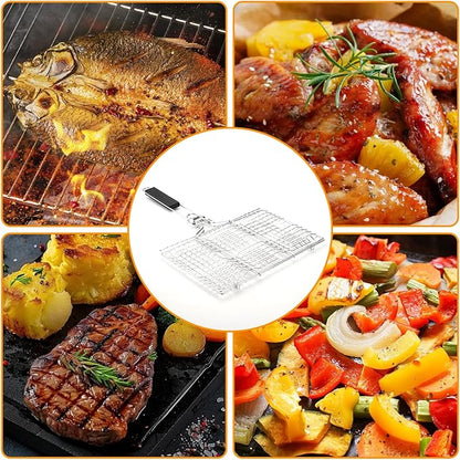 Fish & Vegetable Grill Basket,Portable Stainless Steel BBQ Grill Basket,Folding Outdoor Camping BBQ Rack for Fish, Shrimp, Vegetables, Barbeque Griller Cooking Accessories (Silver)