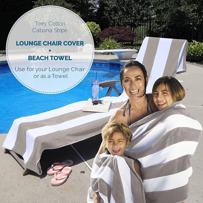 Superior Cabana Cotton Lounge Chair Cover, Outdoor Towel/Chaise Furniture Covers, Terry Cloth, Beach, Spa, Swim Accessories, Pool Chair Cover, Soft, Quick Drying, 32" x 102", Set of 4, Taupe
