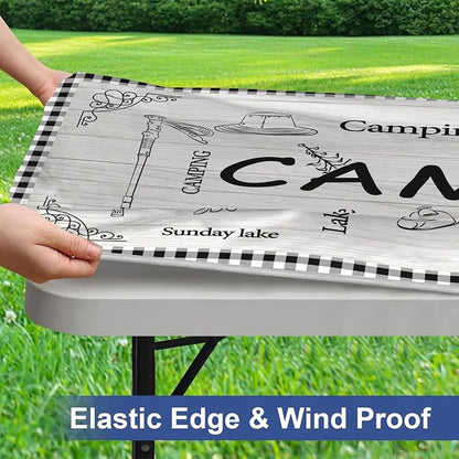Irisbell Picnic Table Cover with Elastic Edge,6FT Wind Proof Wrinkleproof Fitted Tablecloth Cover Camping Beach Patio Rectangle Table Cloth for Indoor Outdoor (Camping White, 30'' x 72'')